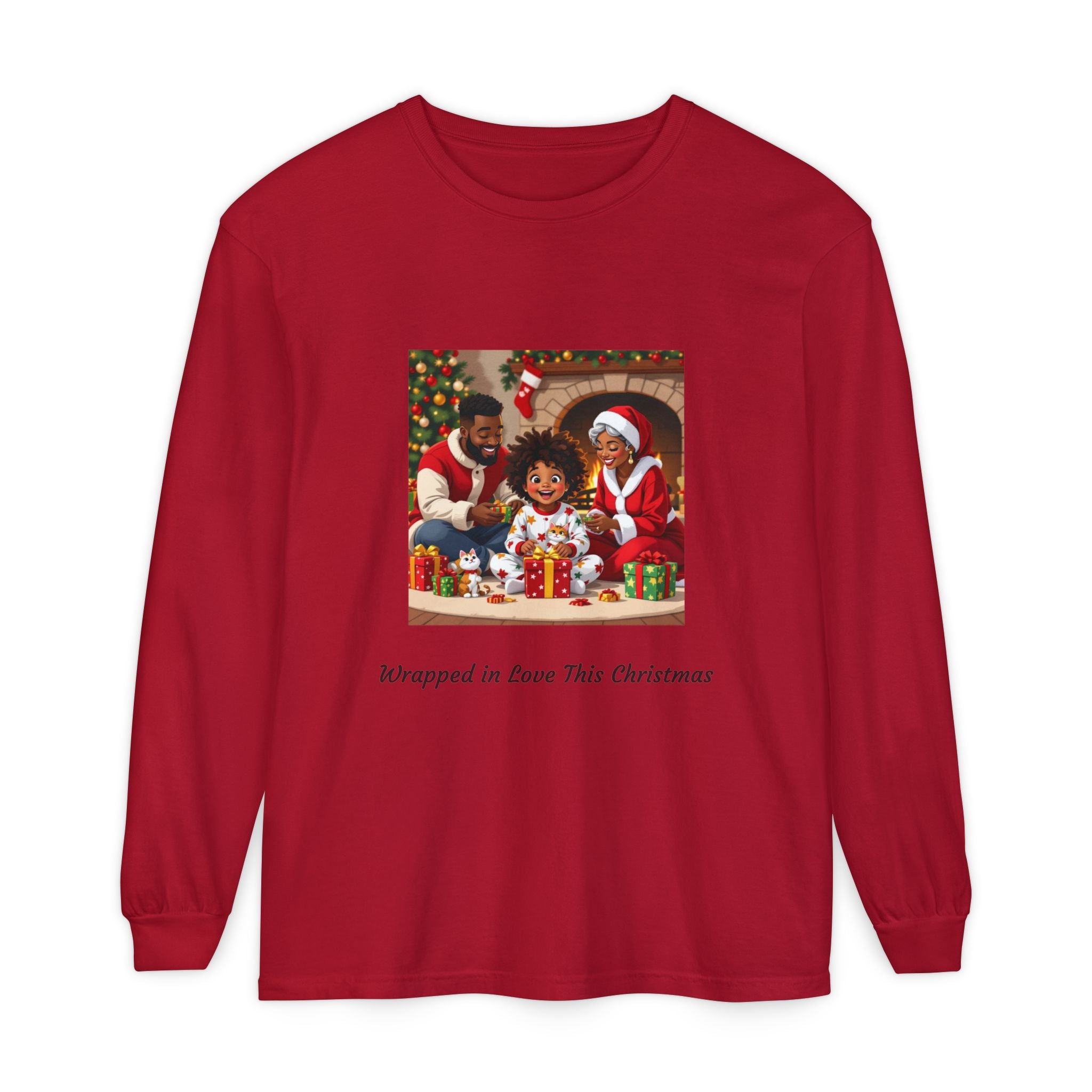 Christmas Family Scene Long Sleeve Tee — "Wrapped in Love This Christmas"