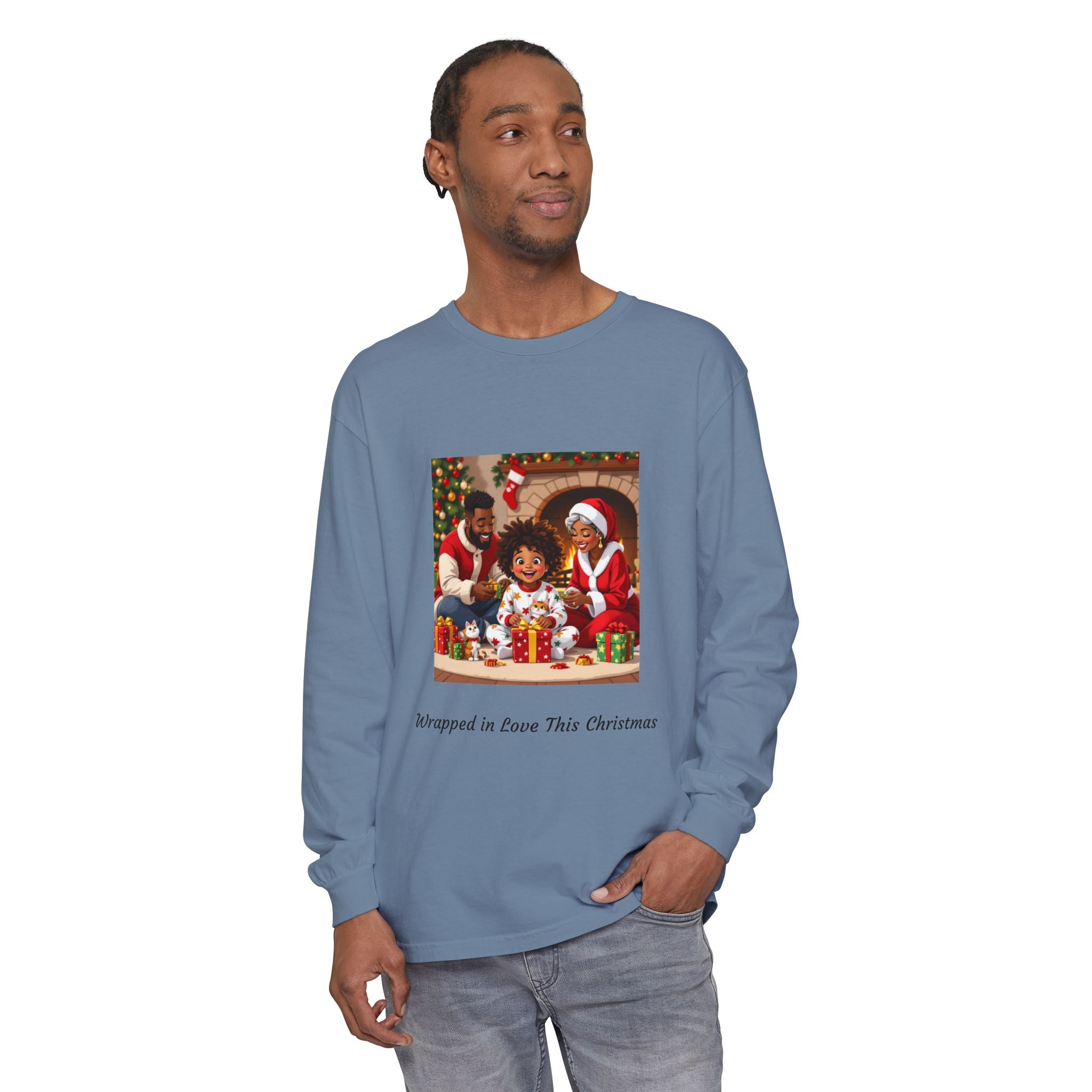 Christmas Family Scene Long Sleeve Tee — "Wrapped in Love This Christmas"