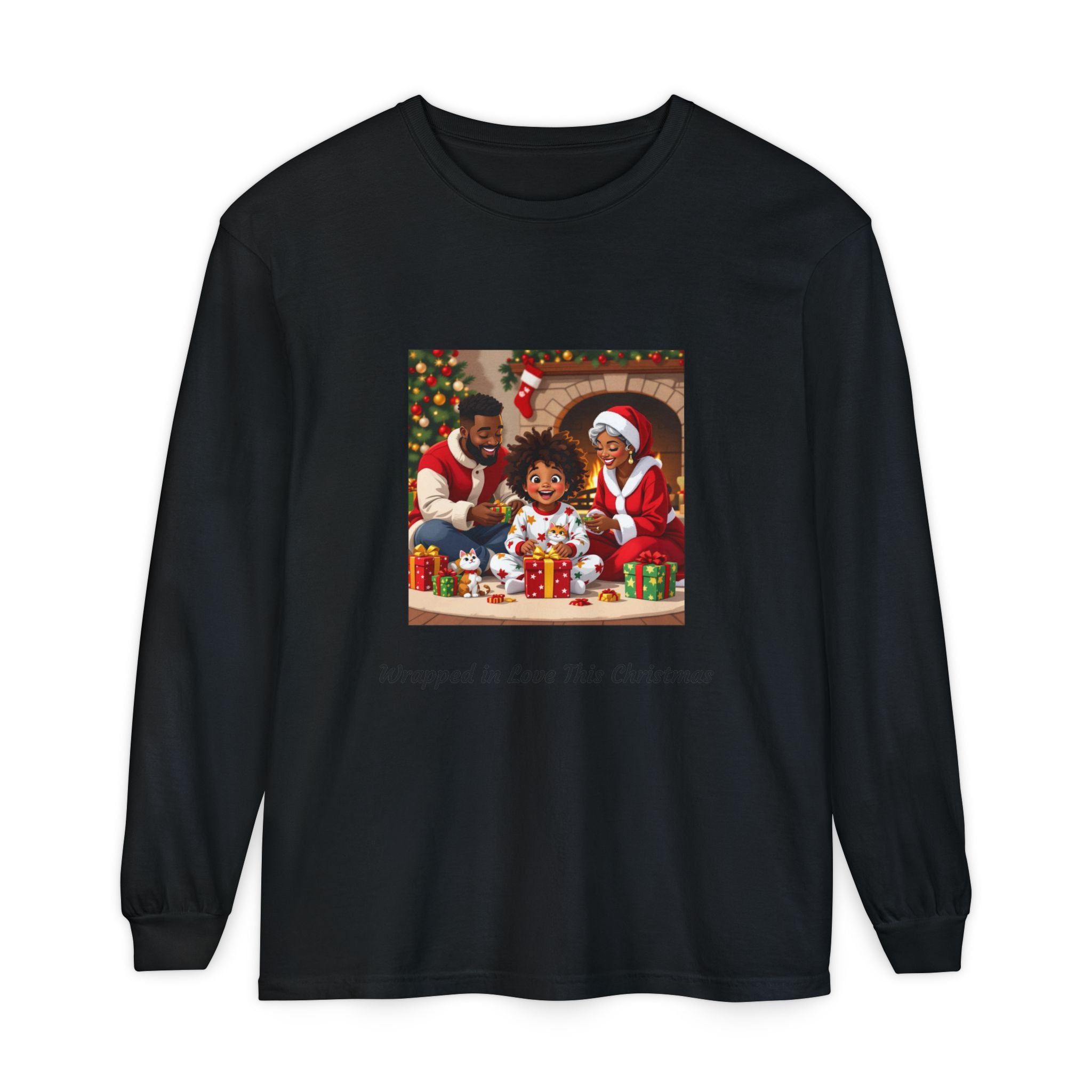 Christmas Family Scene Long Sleeve Tee — "Wrapped in Love This Christmas"
