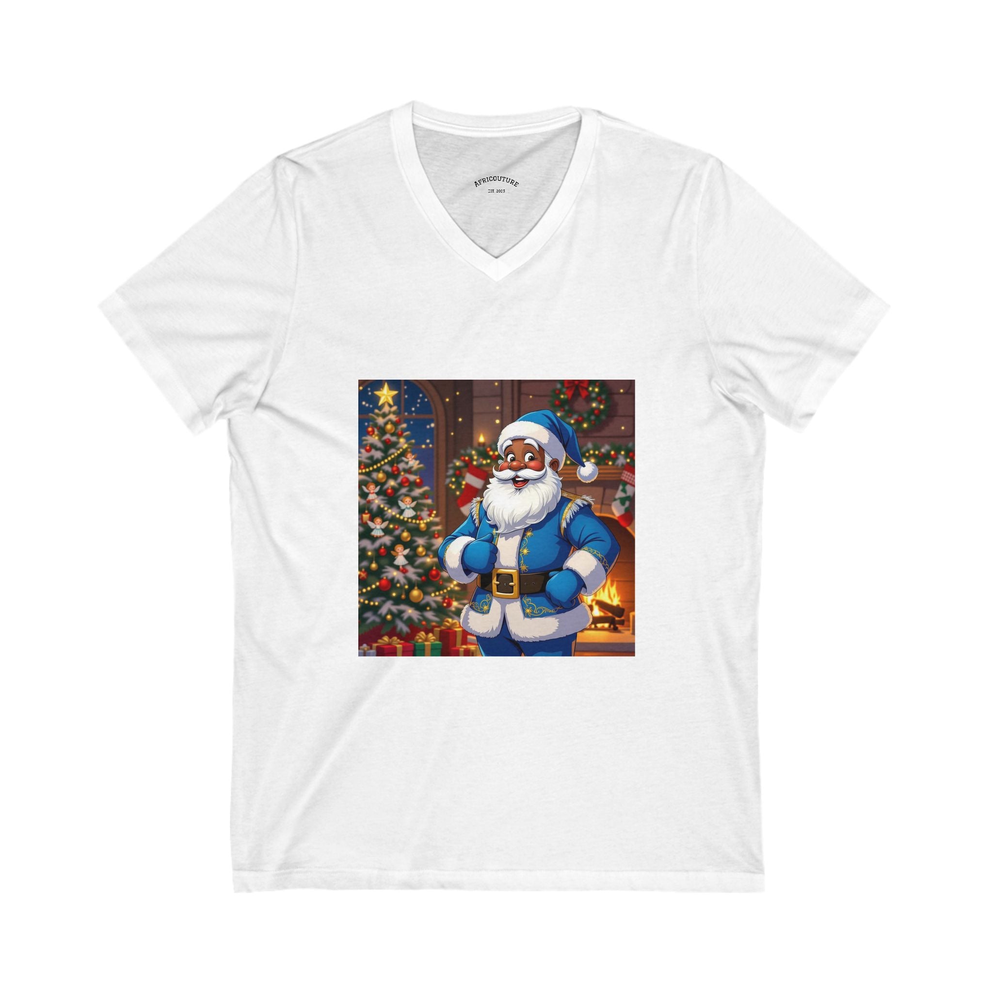 Festive Santa V-Neck Tee for Holiday Spirit, Christmas Gift, Unisex Short Sleeve Shirt, Fun Holiday Attire, Santa's Coming Design