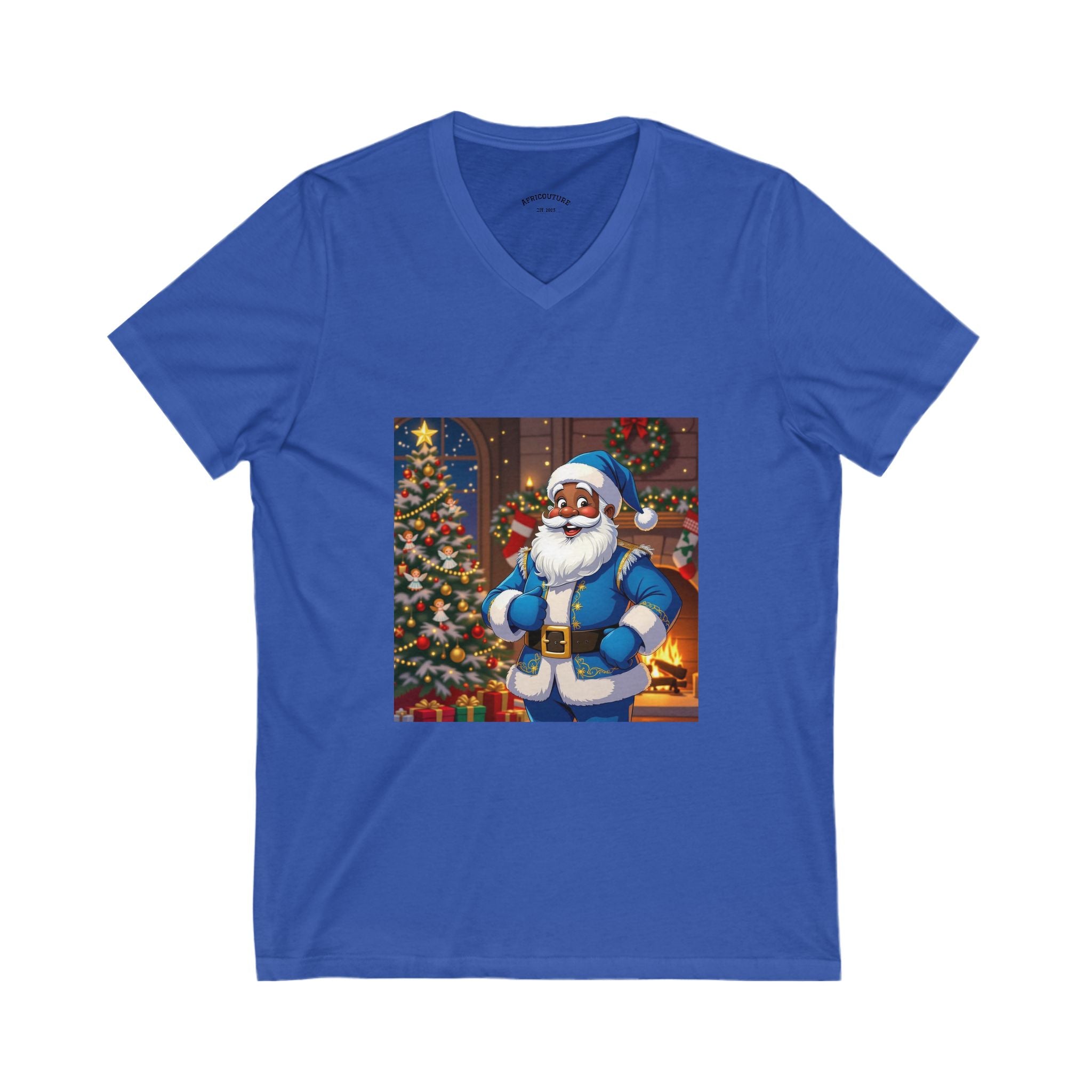 Festive Santa V-Neck Tee for Holiday Spirit, Christmas Gift, Unisex Short Sleeve Shirt, Fun Holiday Attire, Santa's Coming Design