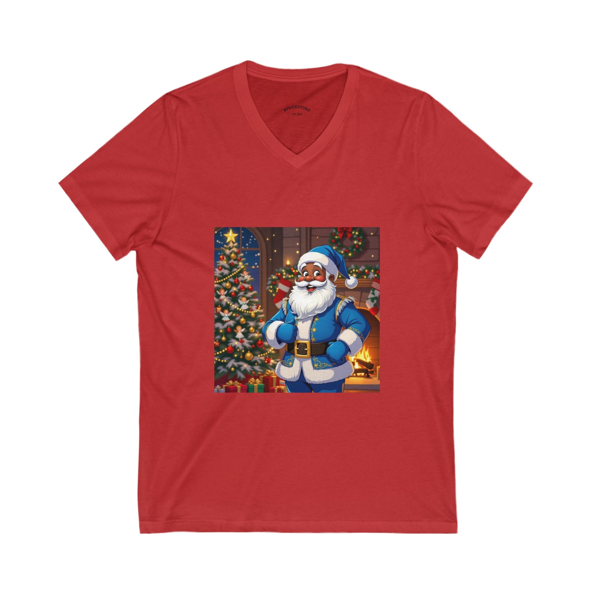 Festive Santa V-Neck Tee for Holiday Spirit, Christmas Gift, Unisex Short Sleeve Shirt, Fun Holiday Attire, Santa's Coming Design