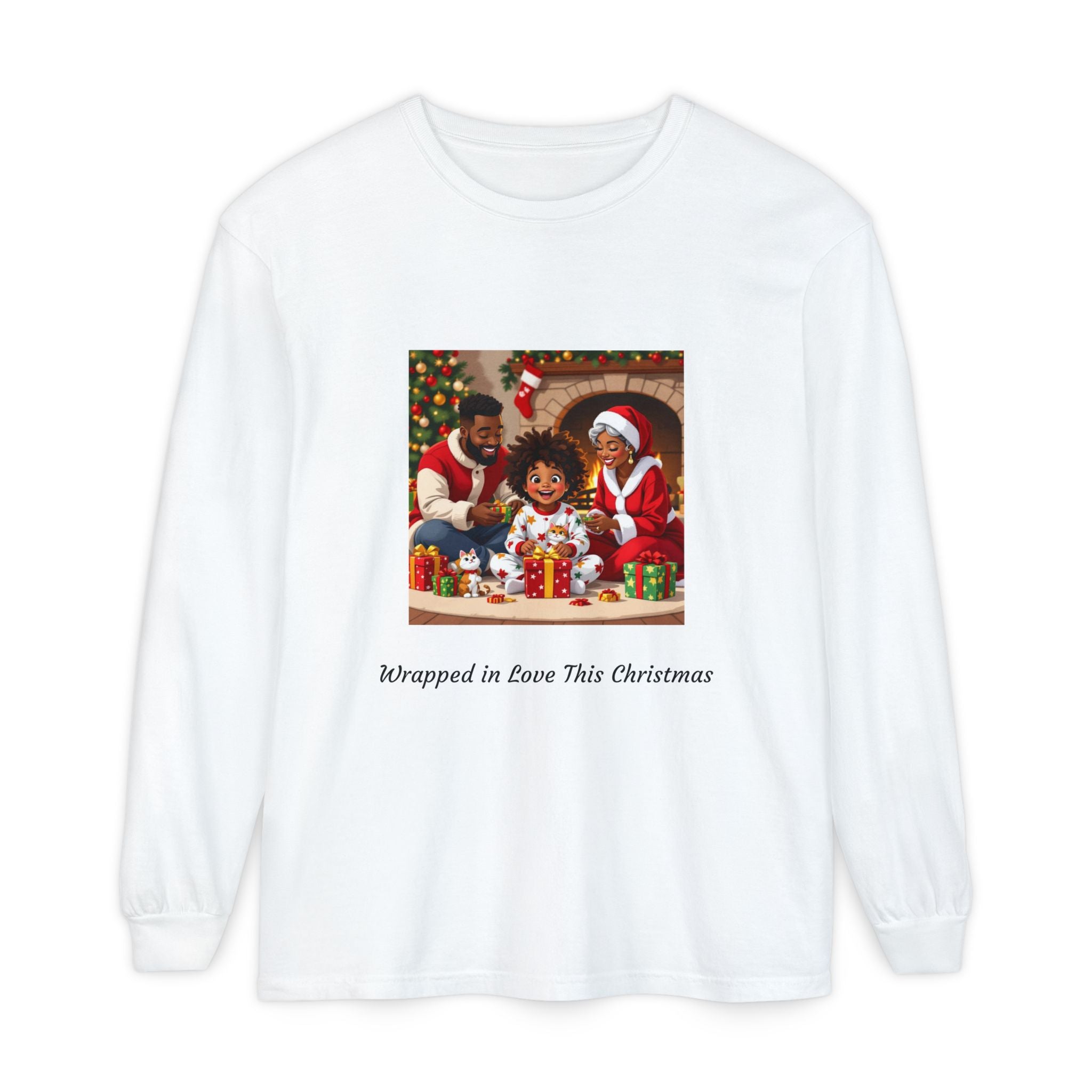 Christmas Family Scene Long Sleeve Tee — "Wrapped in Love This Christmas"