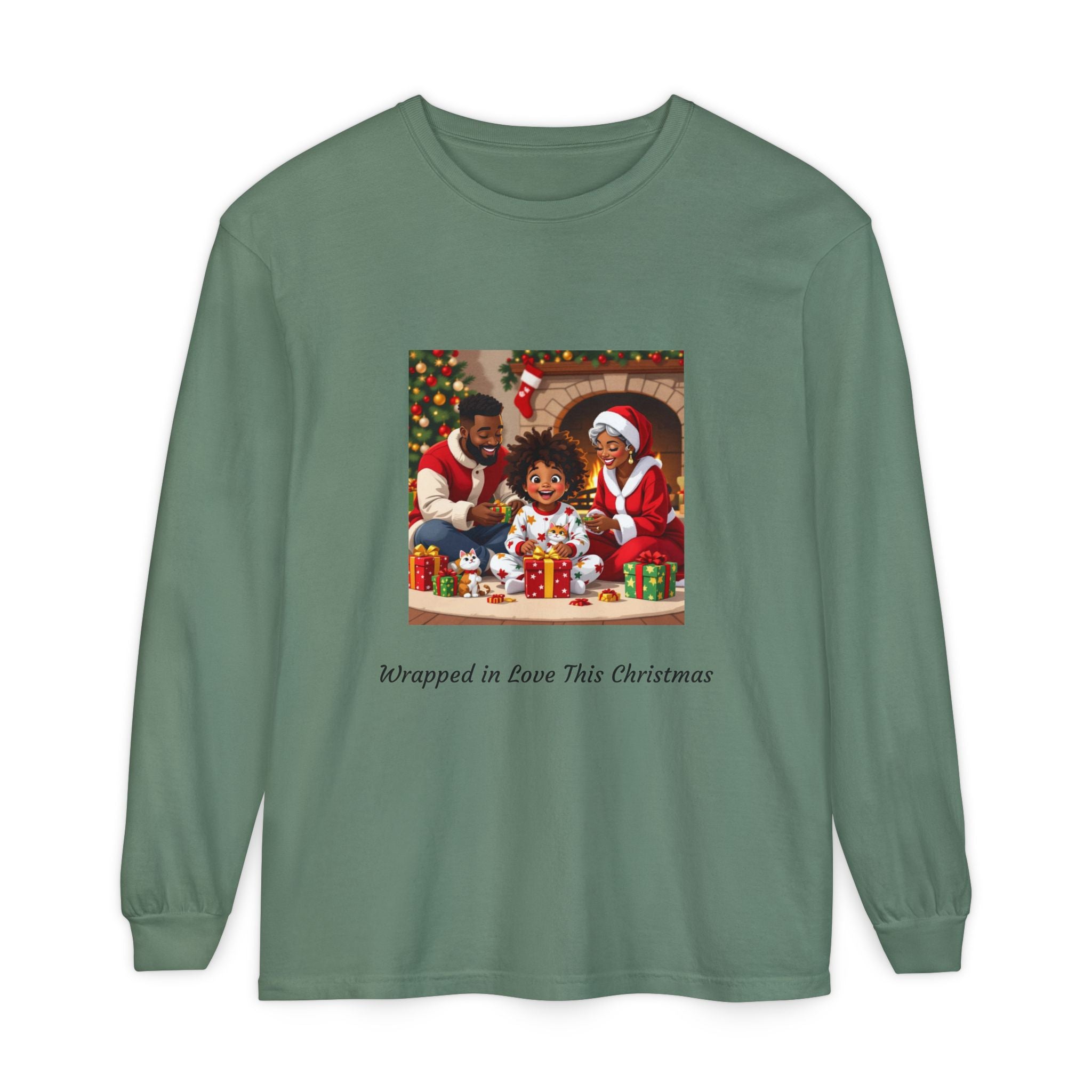 Christmas Family Scene Long Sleeve Tee — "Wrapped in Love This Christmas"