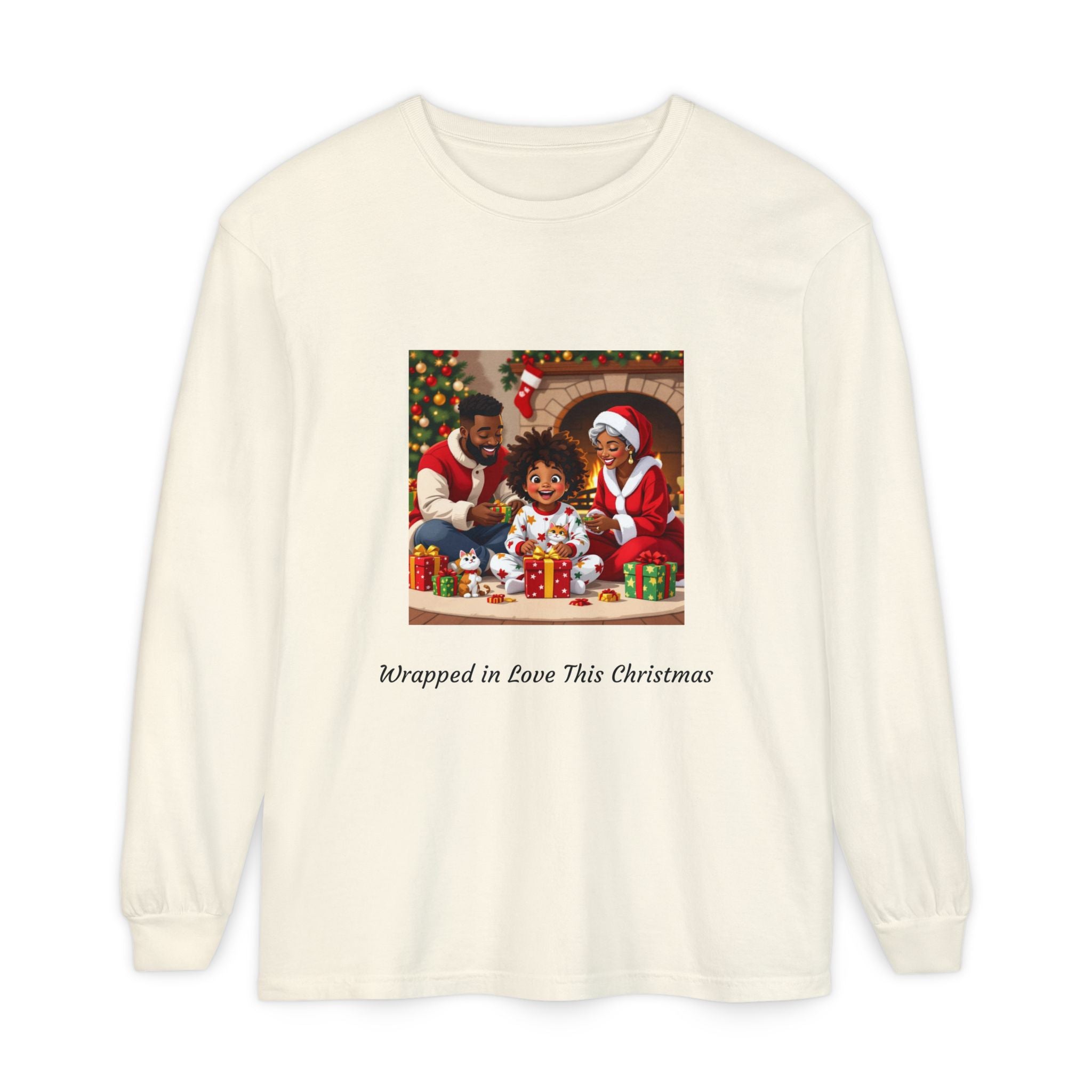 Christmas Family Scene Long Sleeve Tee — "Wrapped in Love This Christmas"