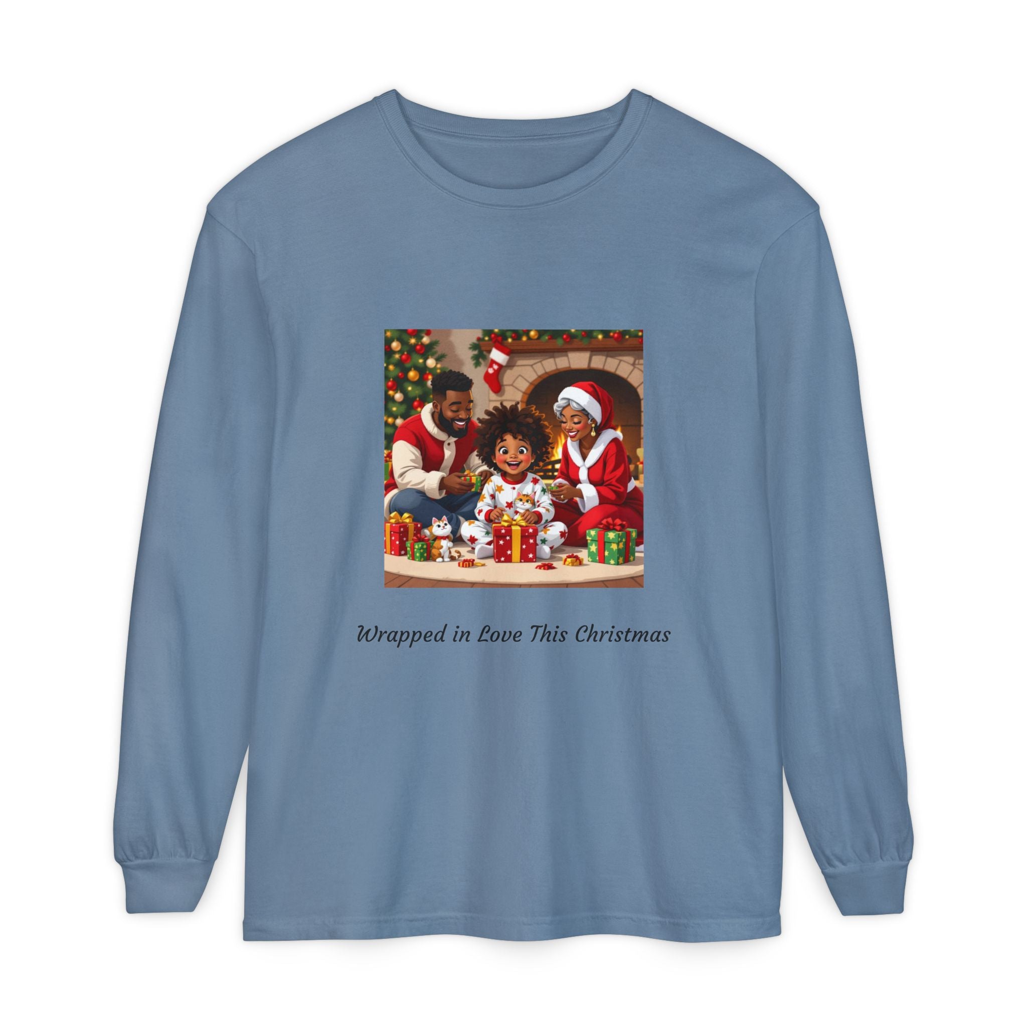 Christmas Family Scene Long Sleeve Tee — "Wrapped in Love This Christmas"