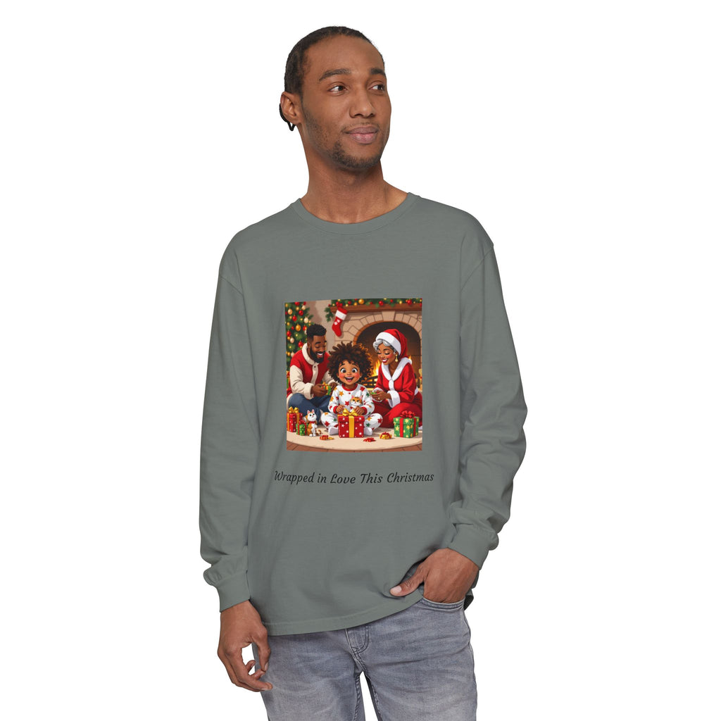 Christmas Family Scene Long Sleeve Tee — "Wrapped in Love This Christmas"
