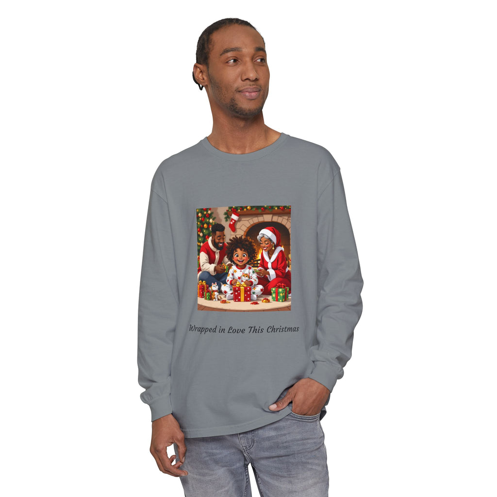 Christmas Family Scene Long Sleeve Tee — "Wrapped in Love This Christmas"