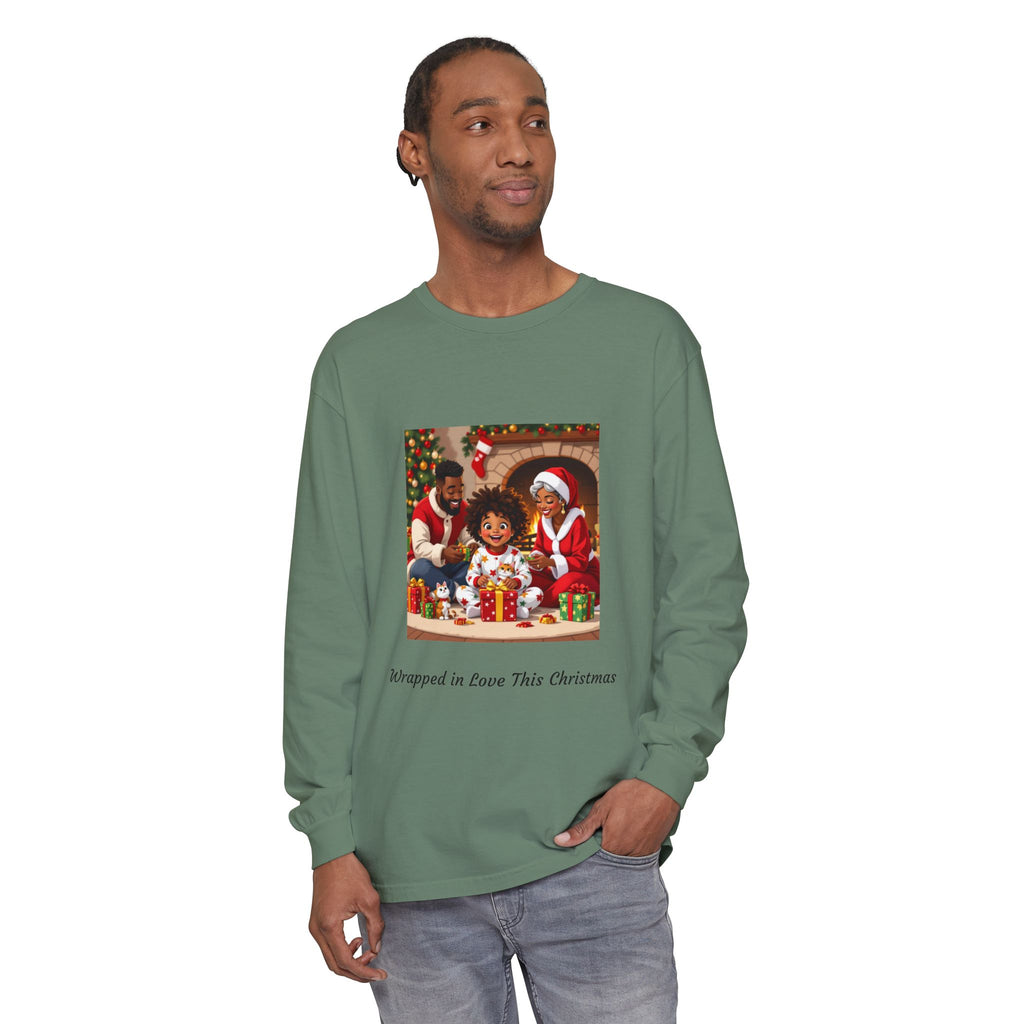 Christmas Family Scene Long Sleeve Tee — "Wrapped in Love This Christmas"