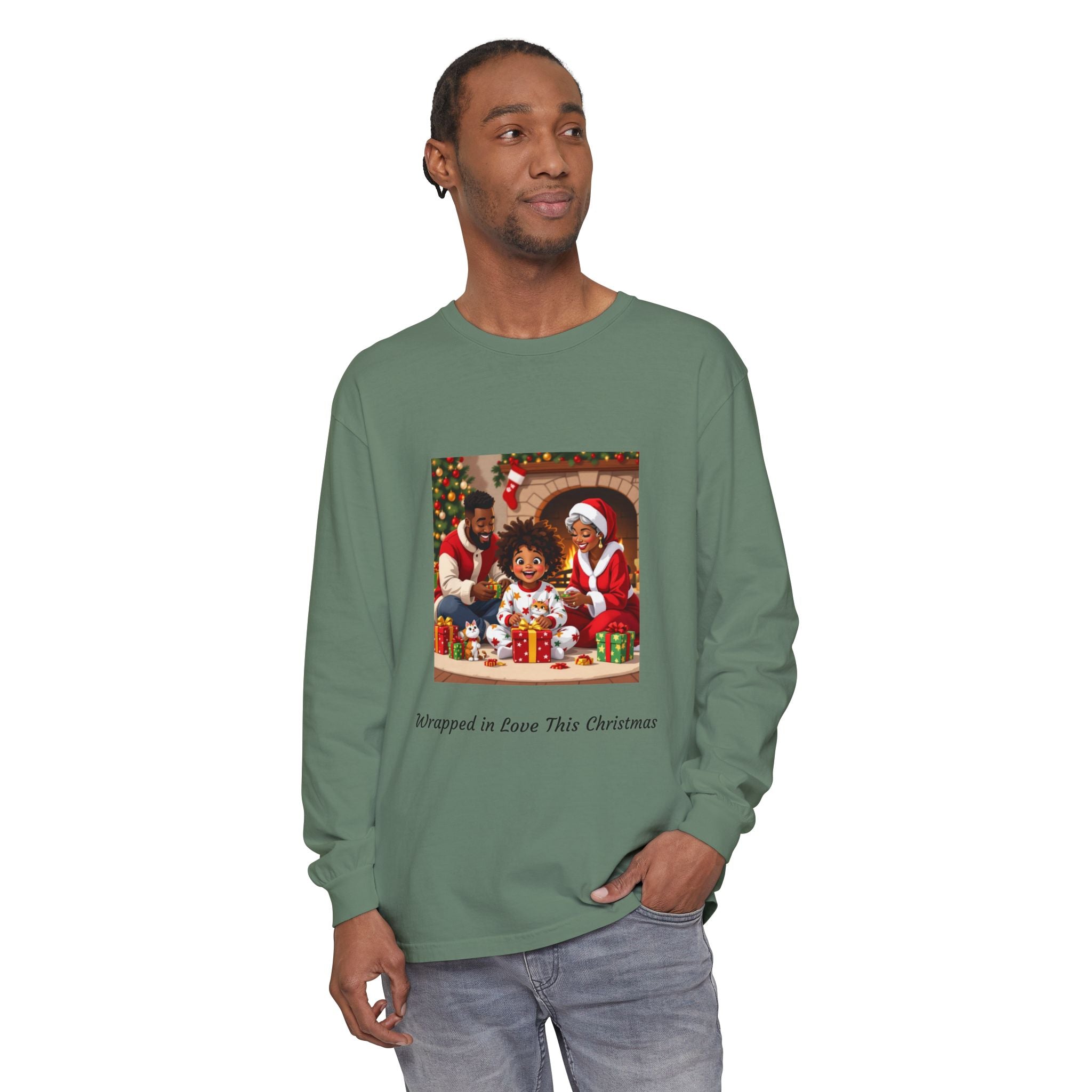 Christmas Family Scene Long Sleeve Tee — "Wrapped in Love This Christmas"