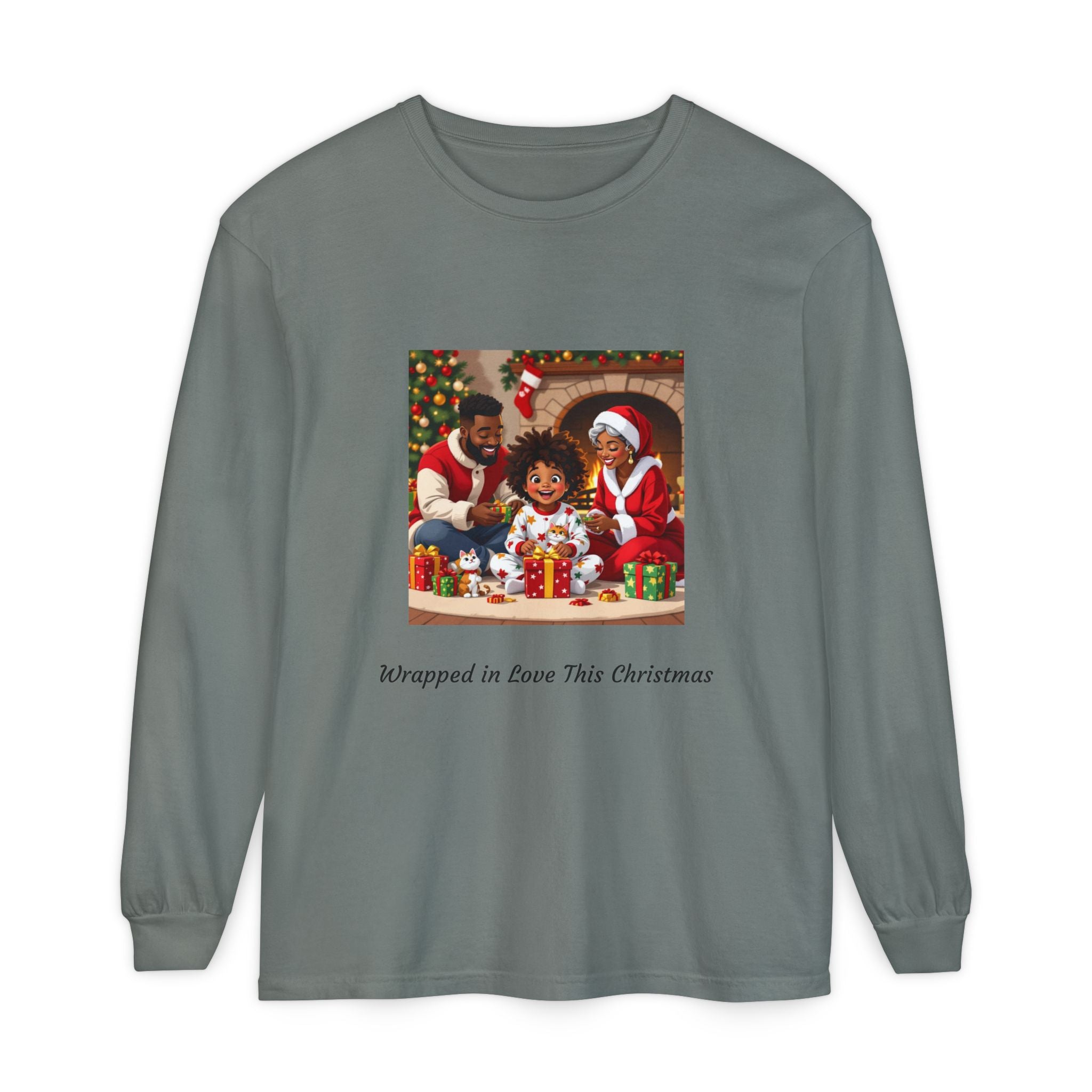 Christmas Family Scene Long Sleeve Tee — "Wrapped in Love This Christmas"