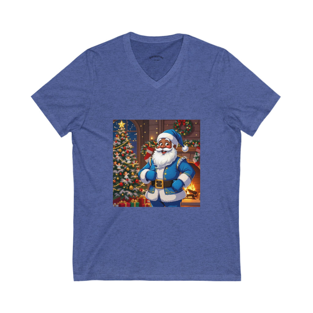 Festive Santa V-Neck Tee for Holiday Spirit, Christmas Gift, Unisex Short Sleeve Shirt, Fun Holiday Attire, Santa's Coming Design