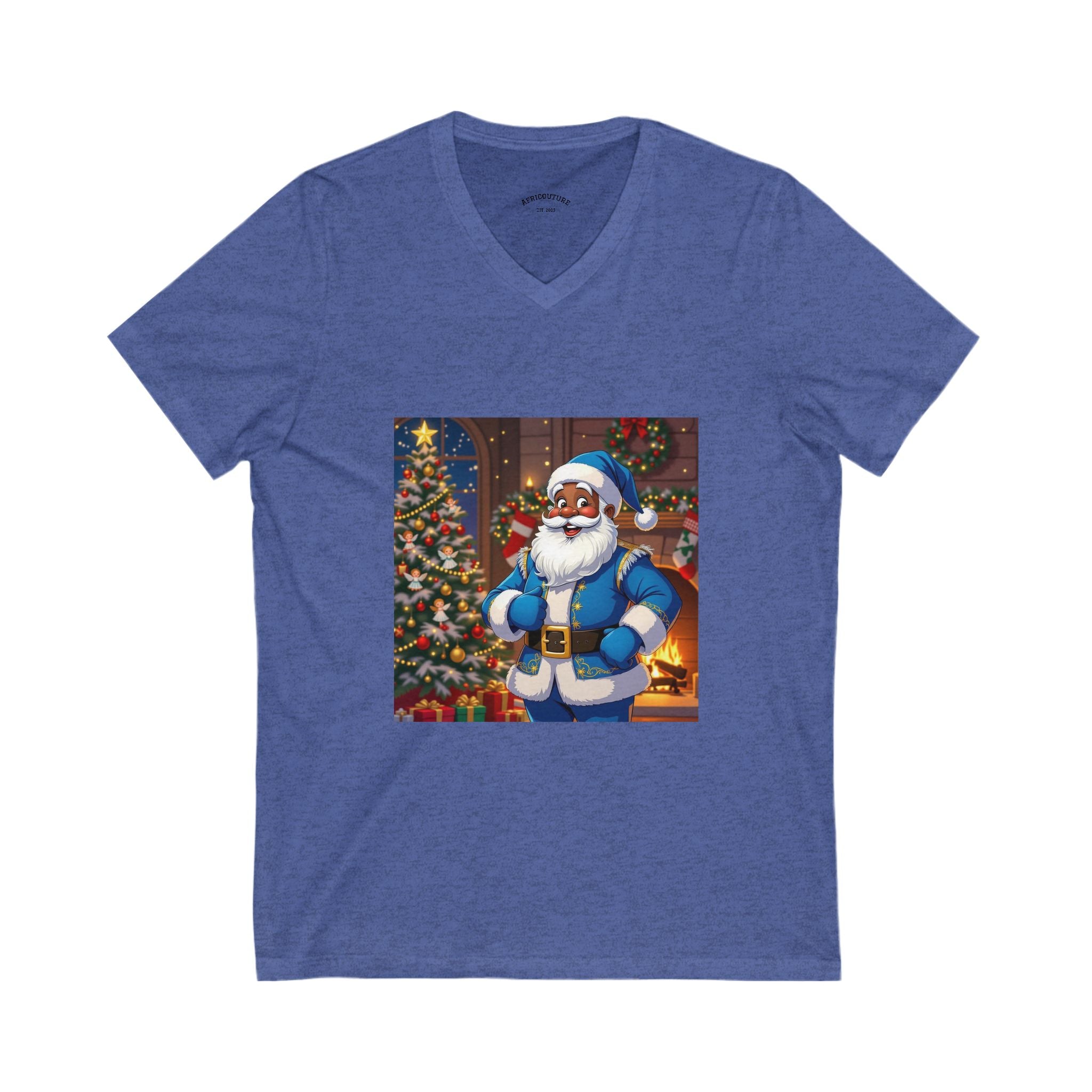 Festive Santa V-Neck Tee for Holiday Spirit, Christmas Gift, Unisex Short Sleeve Shirt, Fun Holiday Attire, Santa's Coming Design