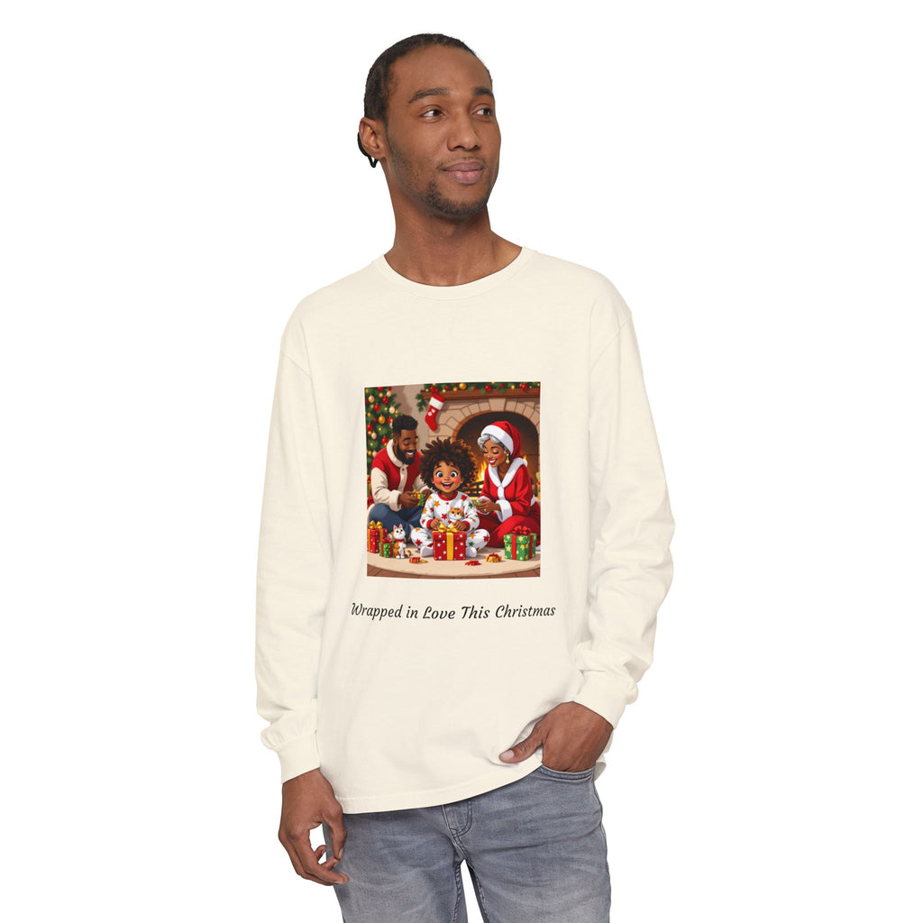 Christmas Family Scene Long Sleeve Tee — "Wrapped in Love This Christmas"