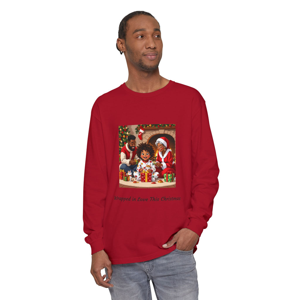Christmas Family Scene Long Sleeve Tee — "Wrapped in Love This Christmas"