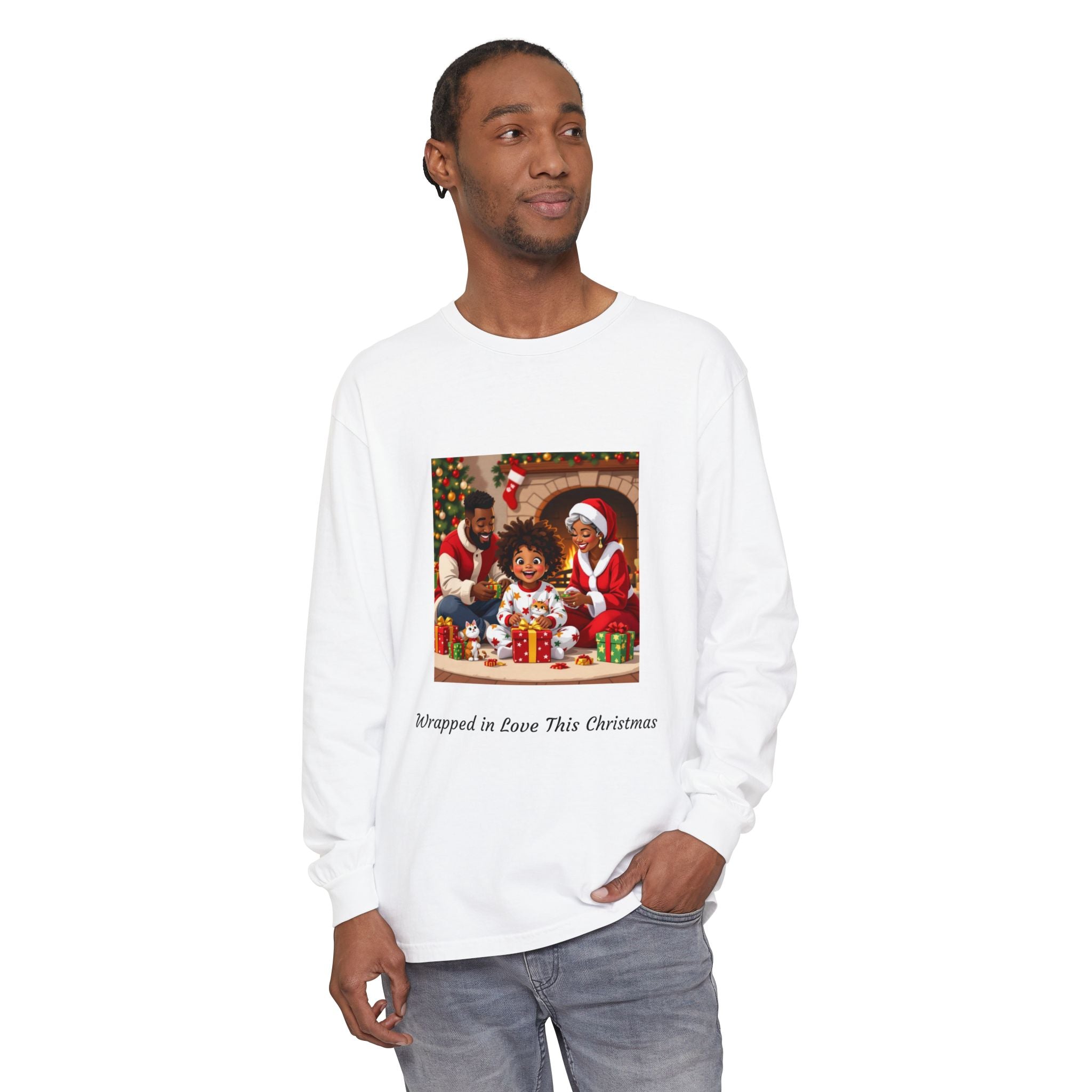 Christmas Family Scene Long Sleeve Tee — "Wrapped in Love This Christmas"